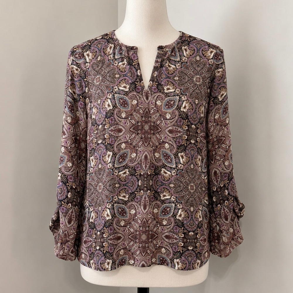 J. Jill Blouse Women Petite Medium Paisley Floral Long Sleeve Boho Tunic Top